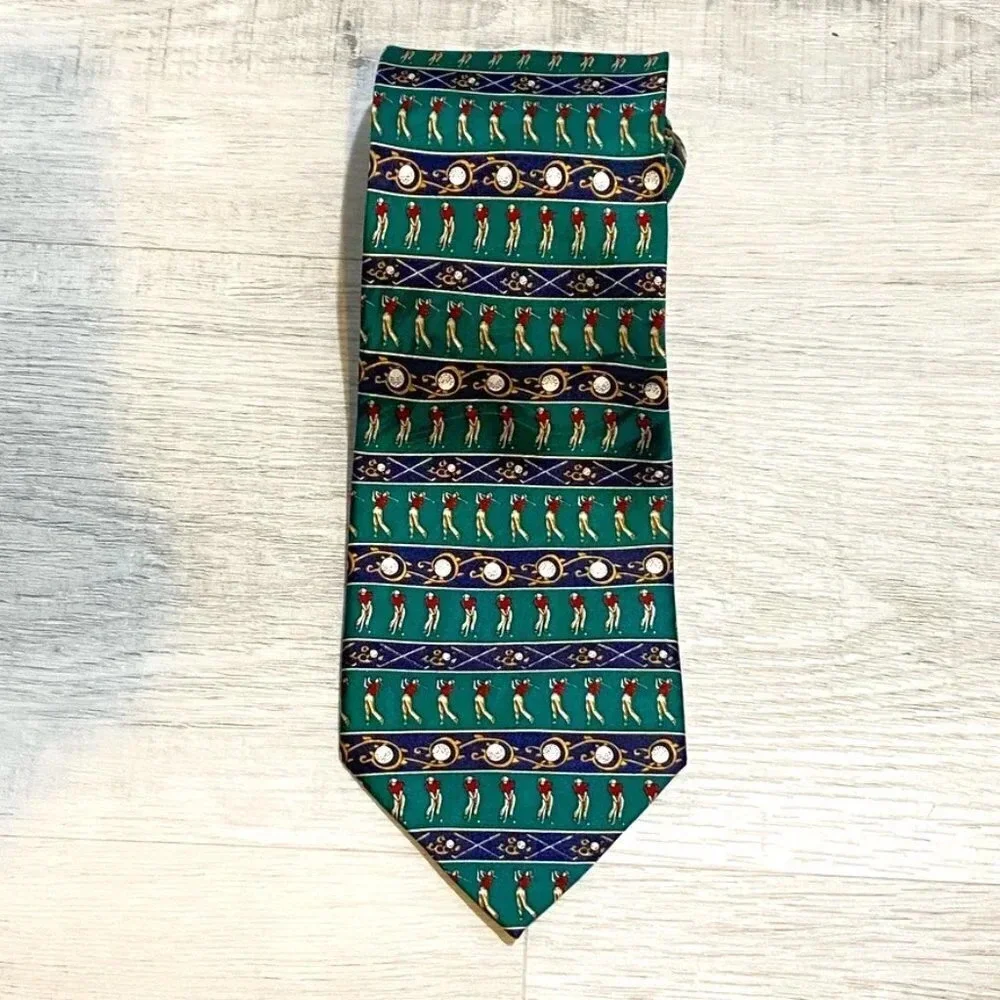Golf Neck Tie Handmade 100% Silk - Green and Blue Novelty Tie